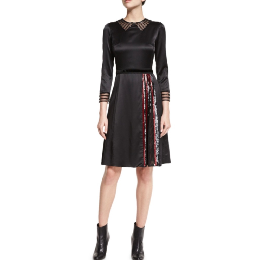 Marc Jacobs Black Silk Long Sleeve Sequin Accent A-Line Dress w/ Velvet Belt sz2